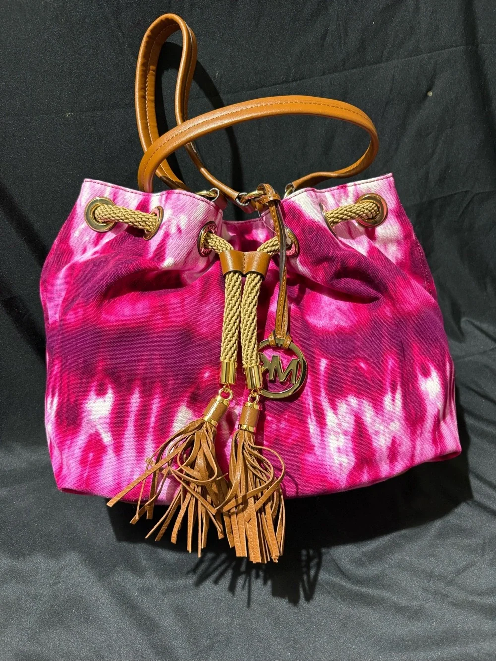 Michael Kors Pink Tie-Dye Drawstring Bucket Bag with Tan Accents